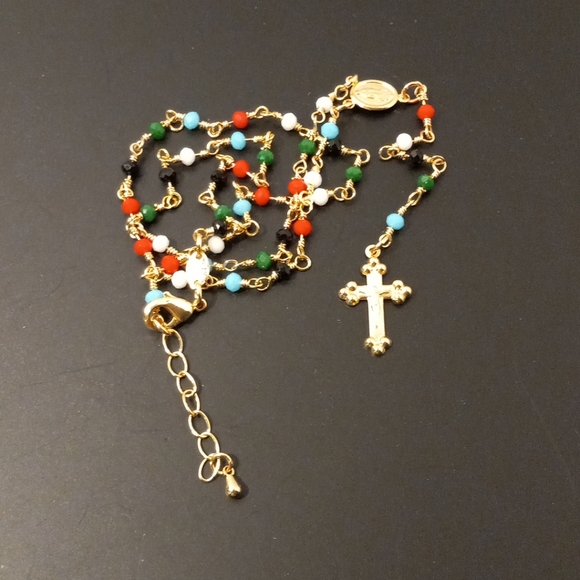 Rosary Azabache Beaded multicolor Gold Layered/ Oro Laminado Necklace NWOT - Picture 4 of 4